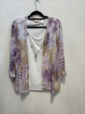 Alfred Dunner Purple, Cream & Brown Lightweight Printed Open Cardigan